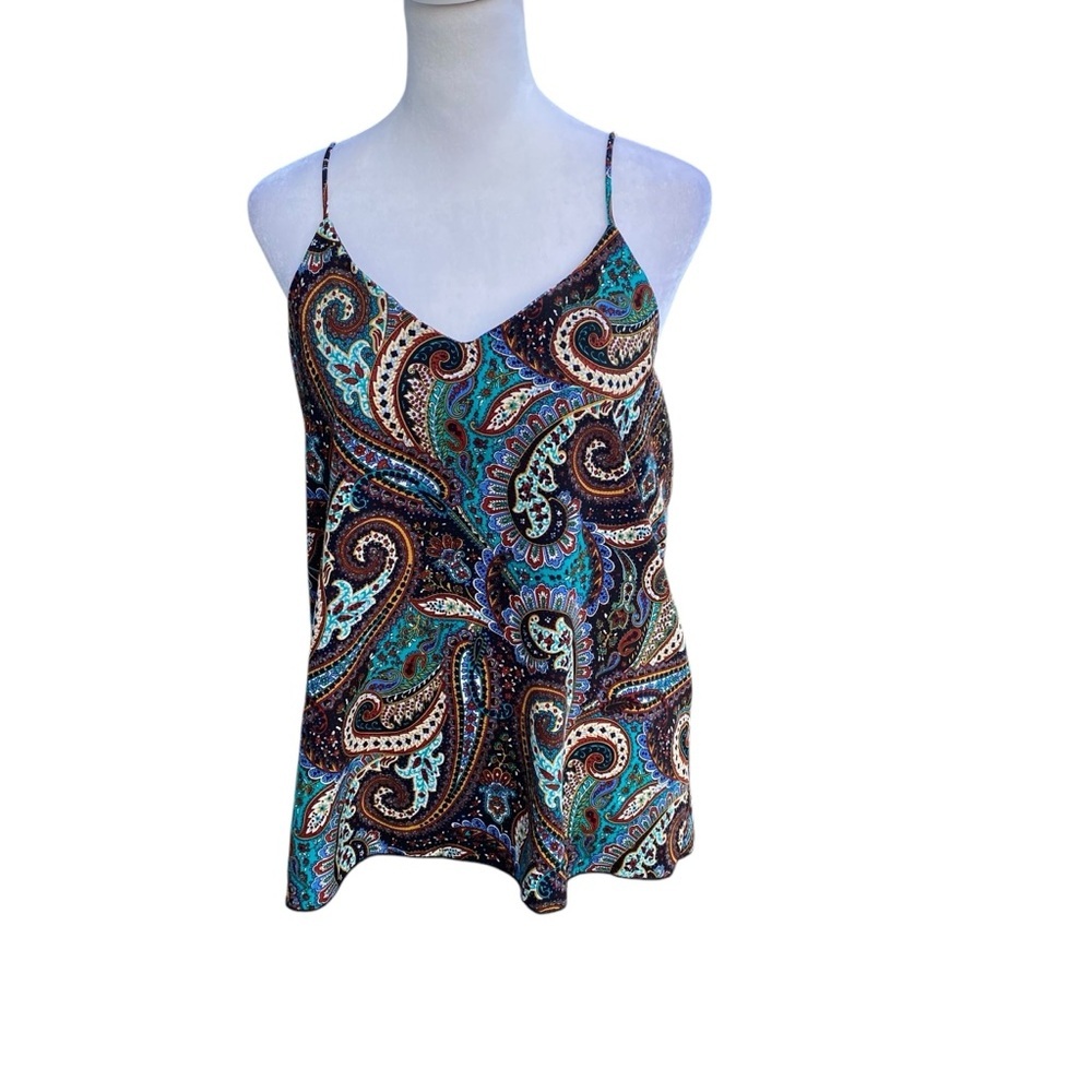 Newbury Kustom Women’s Paisley Teal Brown String Racerback Satin Halter Top M